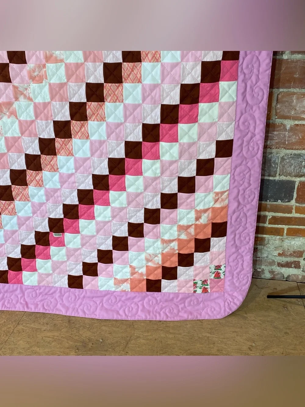Vintage Polyester Jacob's Ladder Pink Brown Quilt 76